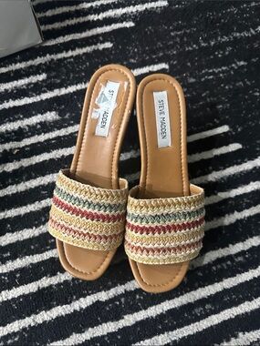 Steve Madden Tan Slide Sandals with Multicolor Woven Straps